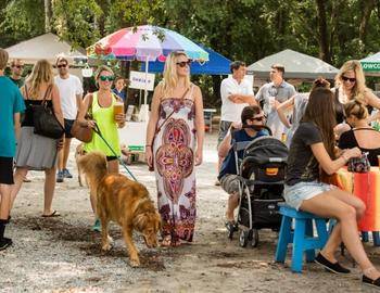 sunday brunch market women walking dog 